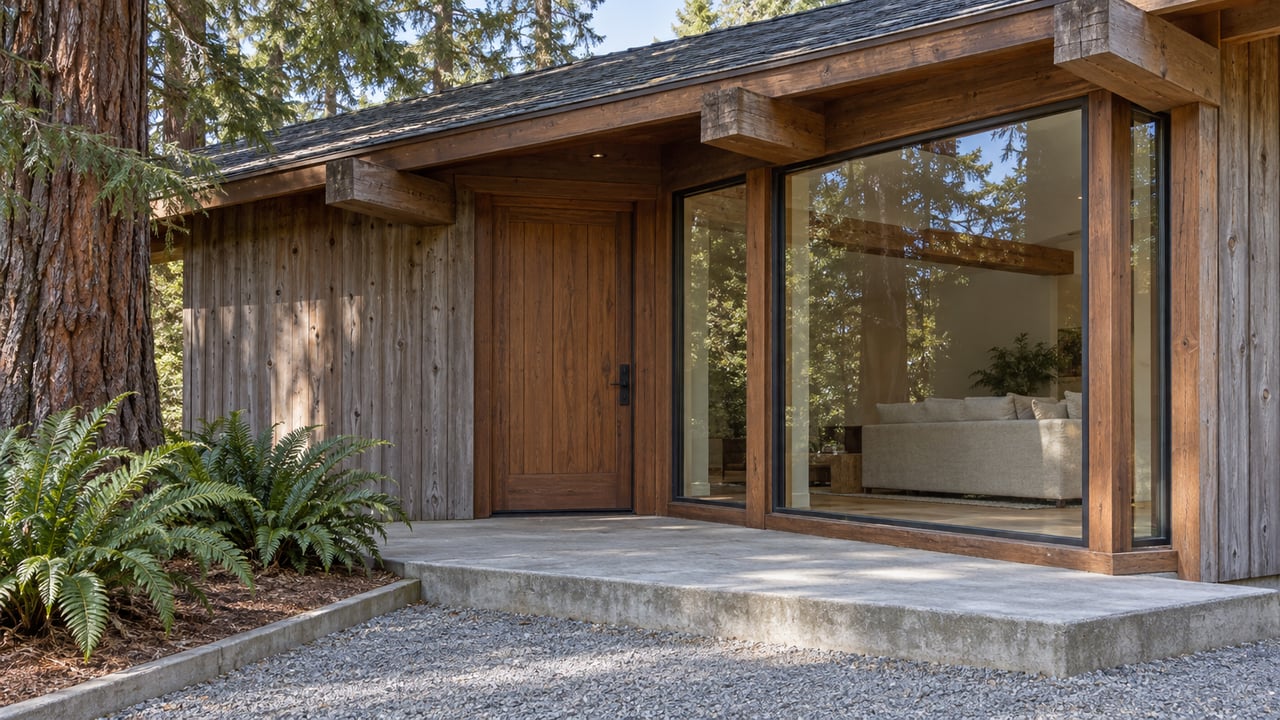 Sunlit cedar home entrance beside corner picture windows, with a concrete landing, gravel approach, coast redwood and western sword ferns.