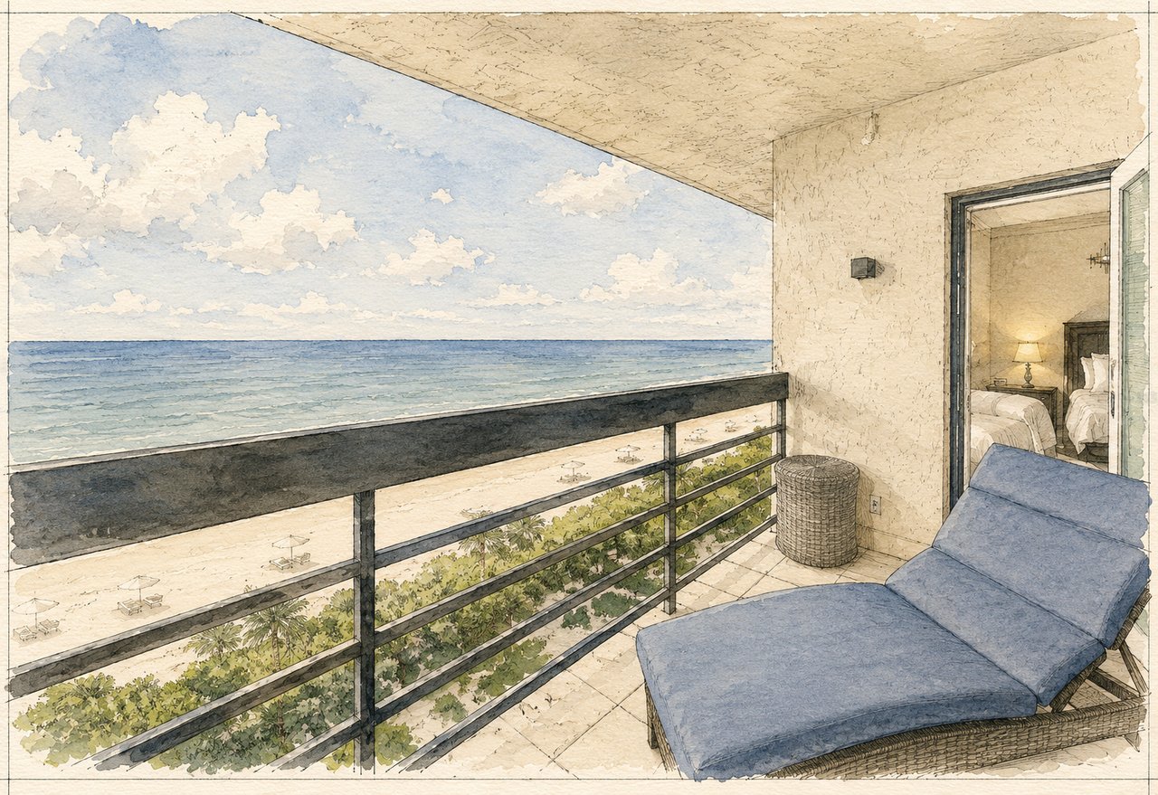 Beachfront balcony with a blue chaise lounge overlooking the sandy beach and ocean.