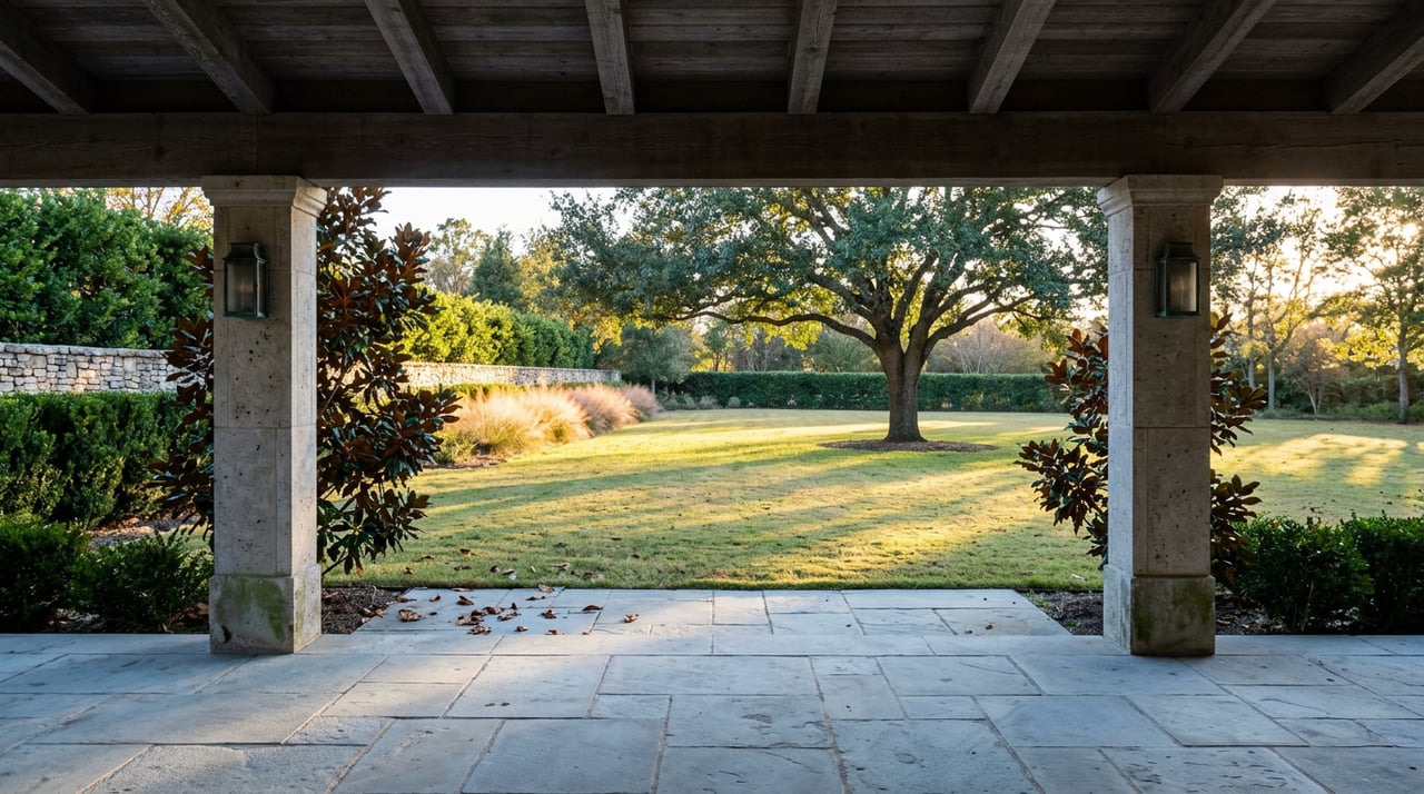 Stone loggia frames a sunlit lawn, where a mature live oak spreads above pink muhly grass.
