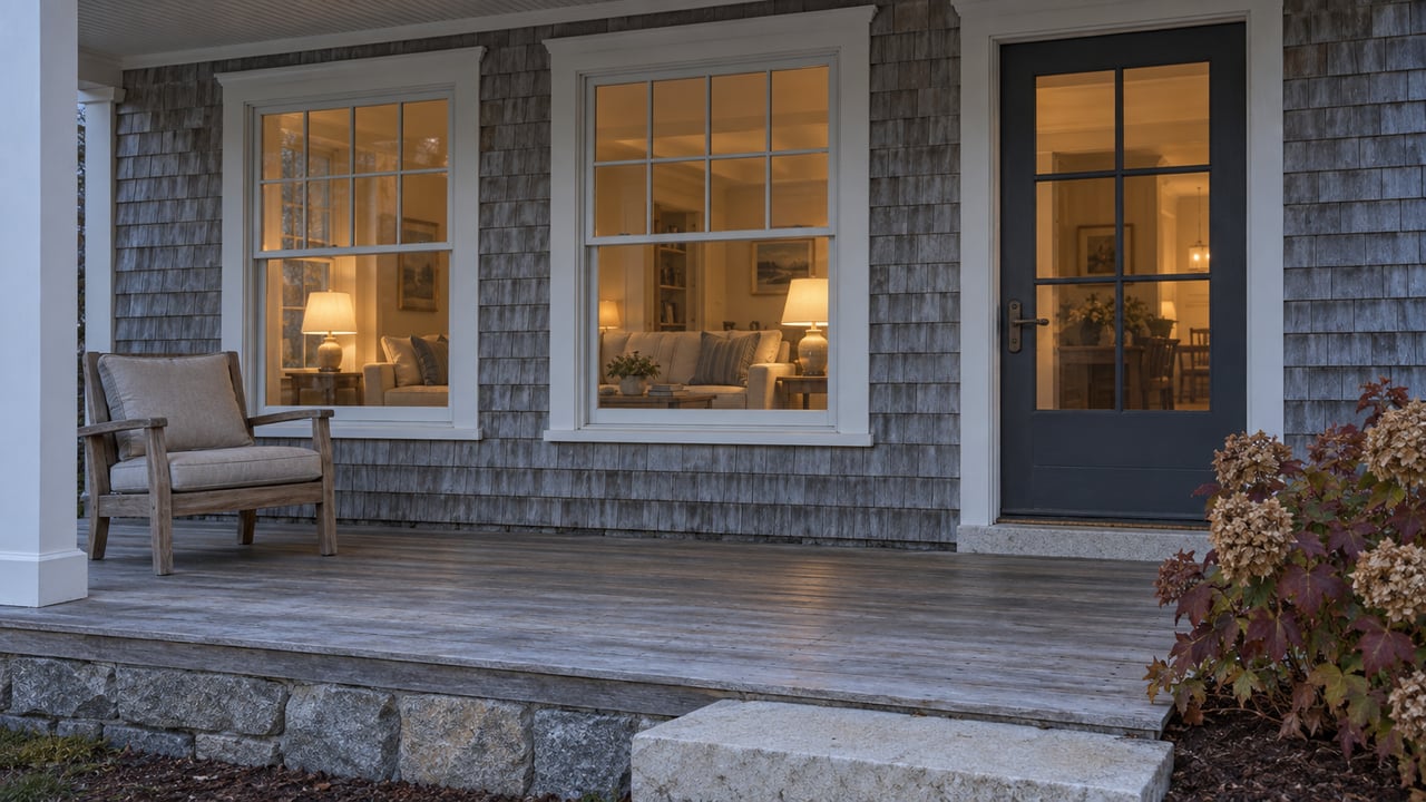 Weathered cedar-shingle home with a teak porch chair, divided-light windows and a warmly lit living room at dusk.