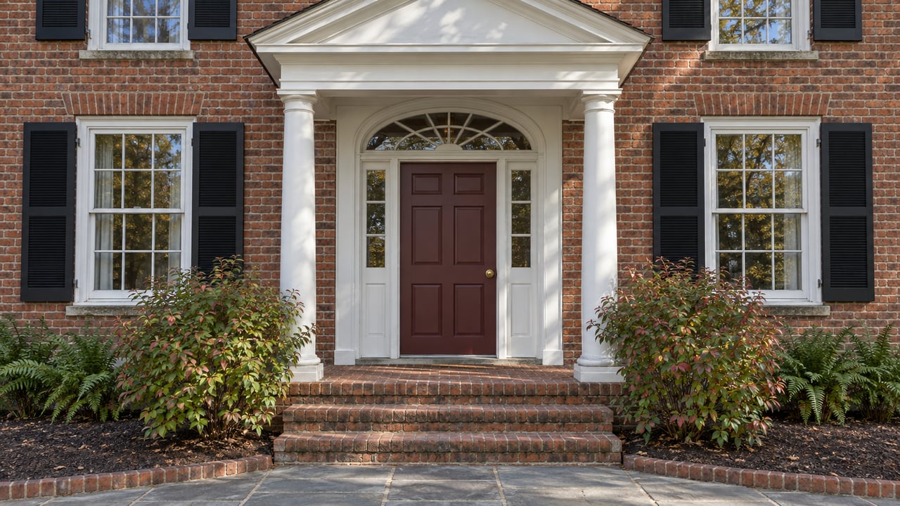 Brick home entry with a burgundy door, white columns, black shutters and autumn-colored foundation planting.