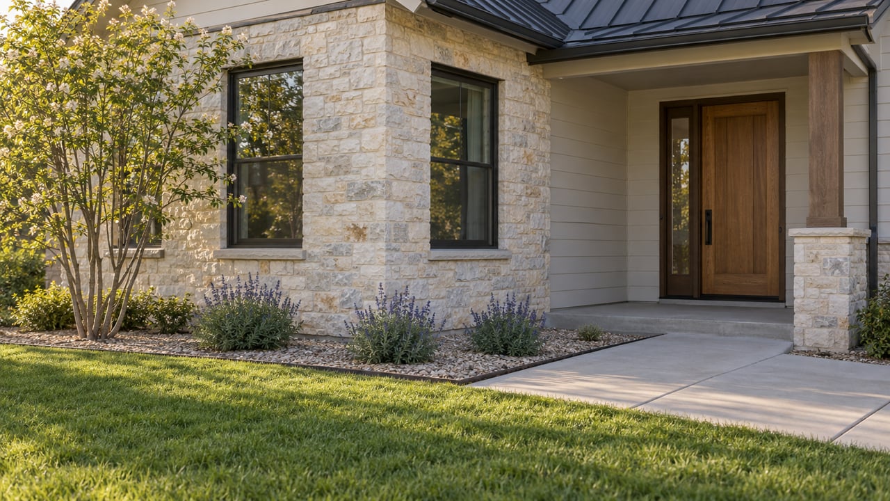 Detached house with a pale stone bay, two dark-framed windows, recessed oak door, and broad lawn.