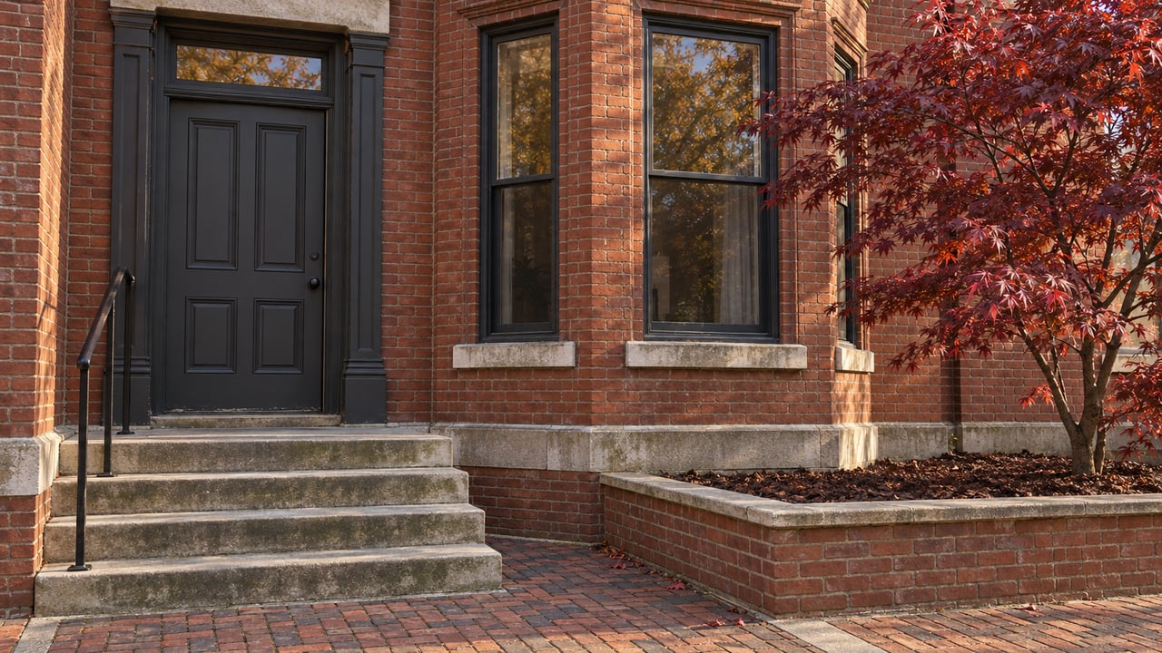 Red-brick home with a charcoal entry door, weathered limestone steps, tall bay windows, and a burgundy-leaved Japanese maple.