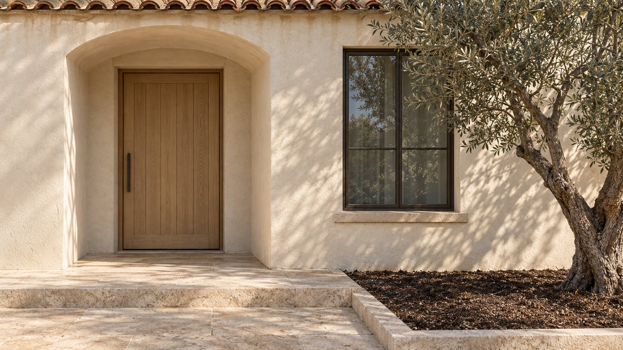 Sunlit ivory stucco entrance with a pale oak door, bronze-framed window, limestone step and silver-leaved olive tree.