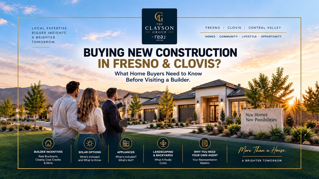 New-construction buyer’s guide for Fresno and Clovis, highlighting builder incentives, solar, appliances, landscaping, and buyer representation.