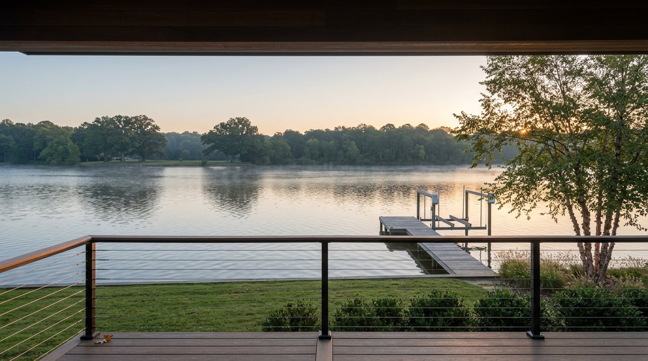 Lakefront balcony overlooking misty water, a private dock and boat lift, with trees lining the far shore.