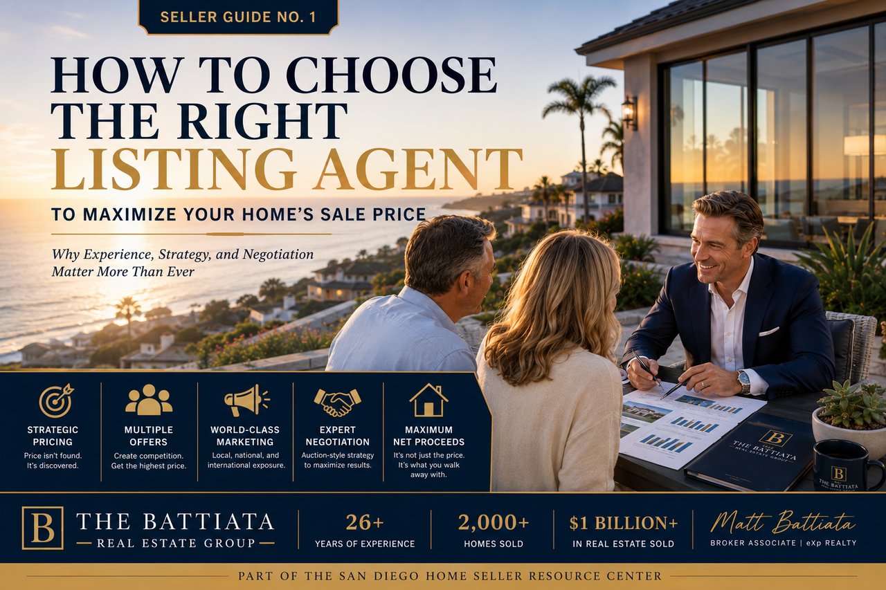 Luxury San Diego homeowners meeting with an experienced real estate advisor to discuss home valuation, strategic pricing, professional marketing, and negotiation strategies designed to maximize their home's sale price.