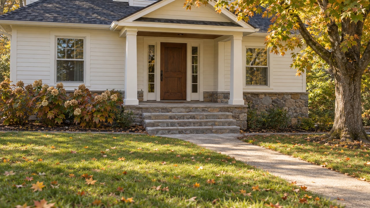 A cream-sided home with a stone foundation and covered entry beyond a broad autumn lawn, beside a maple turning gold.