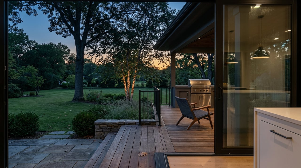 Open black-framed sliding door onto an Ipe deck with a stainless grill, stone wall, lawn, and silhouetted trees at dusk.