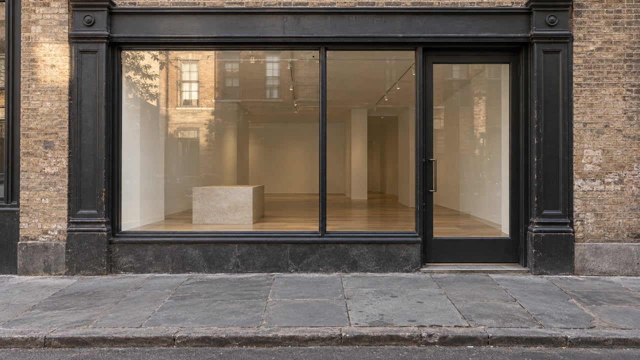 Historic loft storefront with glazed entry, empty gallery interior, and weathered brick facade.