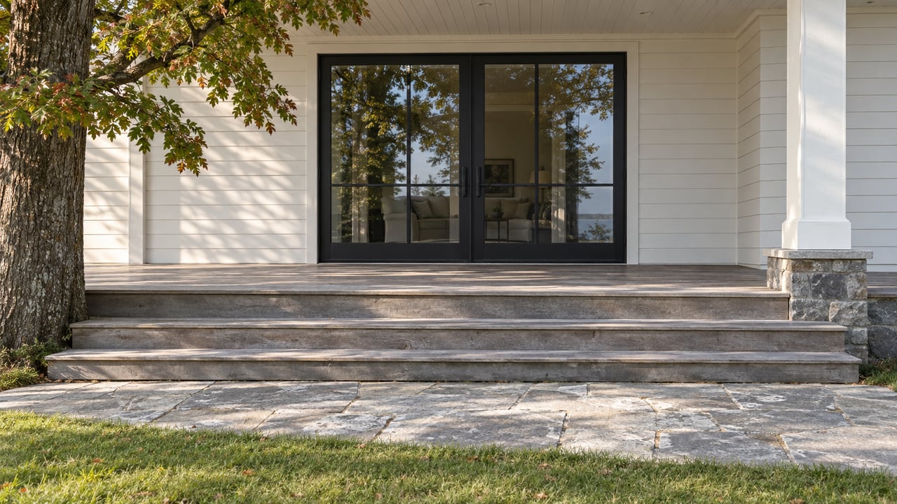 Light-painted home with paired black-framed glass doors, a deep hardwood porch, broad steps, and a stone approach beside lawn and a white oak.