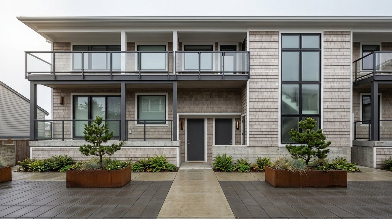 Coastal condo courtyard with cedar shingles, glass balconies, and planters of dune grasses and evergreen shrubs.