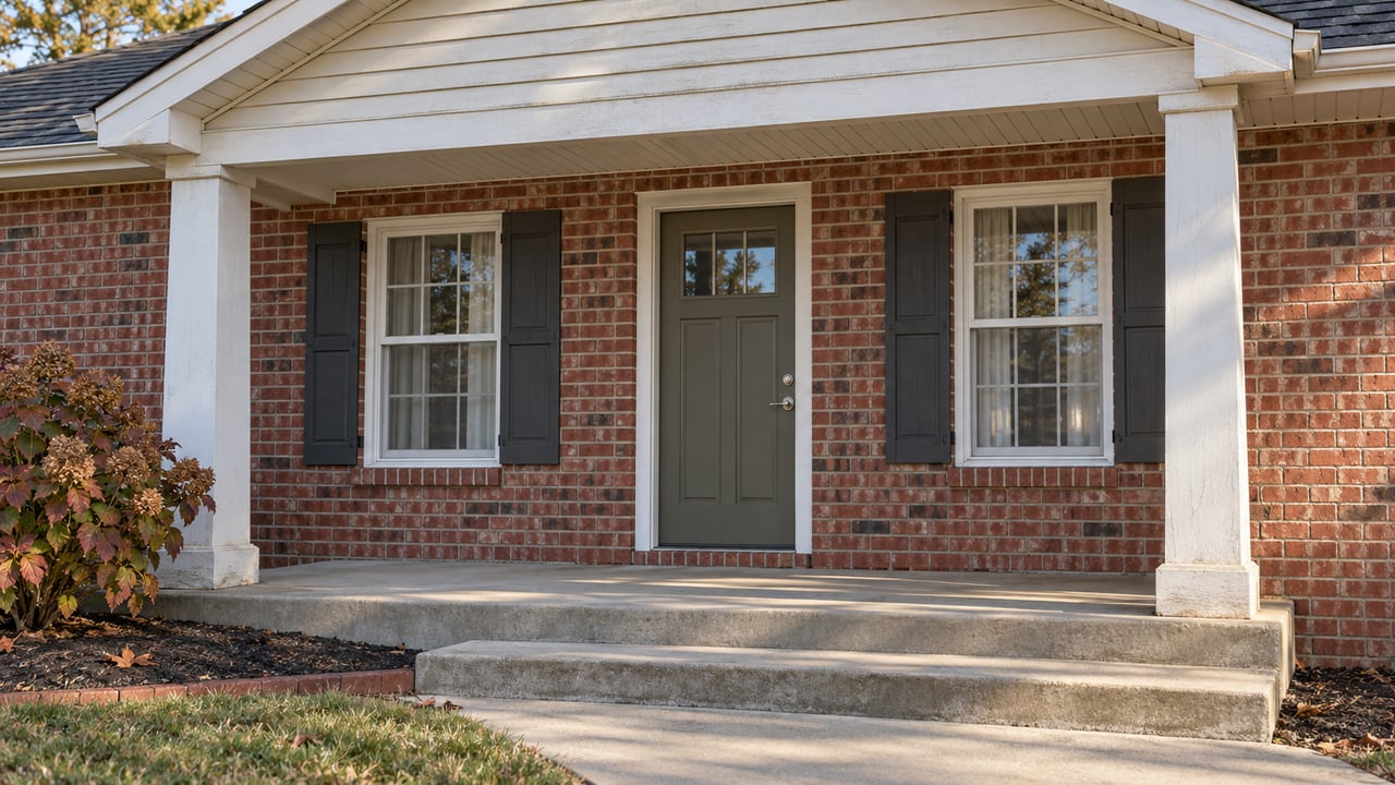 Autumn light falls across a modest brick home's covered porch, olive front door, white columns and oakleaf hydrangea.