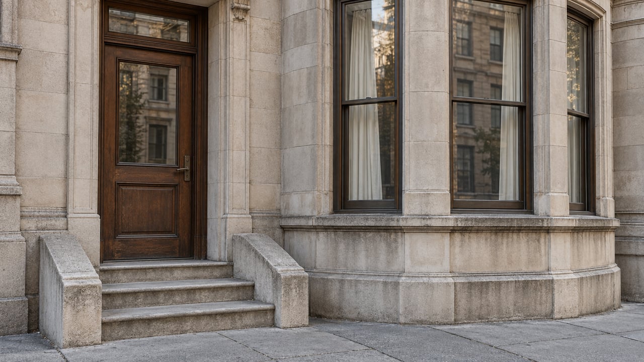 Weathered limestone residential entrance with a walnut door, three stone steps, and tall windows in a projecting bay.