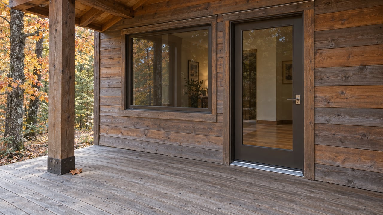 Weathered timber cabin entry on a covered cedar deck, with closed bronze-framed glazing and copper-gold maple foliage at the edge.