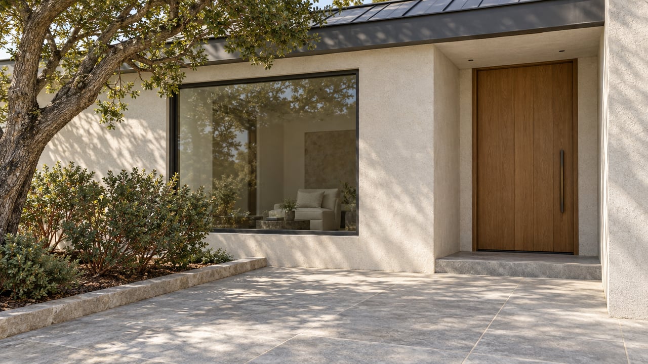 Cream stucco home with an oak entrance door, charcoal-framed window and limestone terrace beside sculptural oak and manzanita planting.