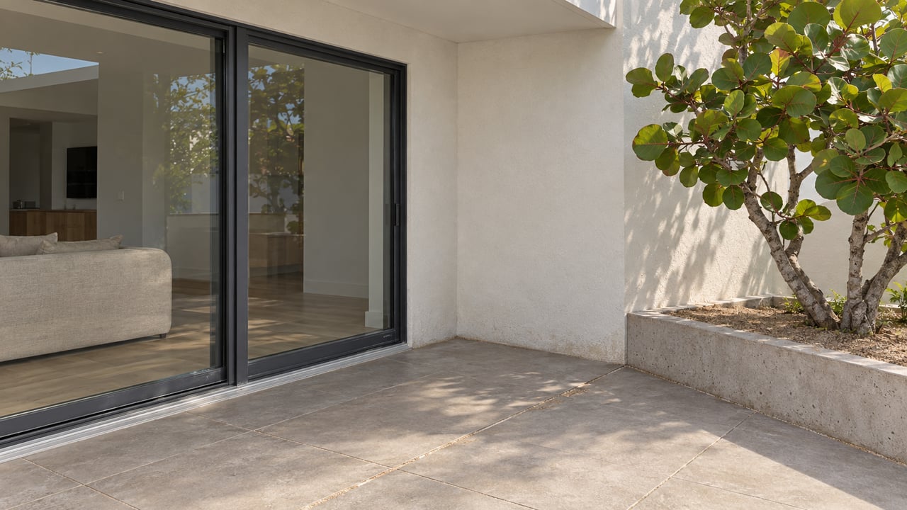 Contemporary stucco home with closed charcoal-framed glass doors, warm-gray terrace paving and a sea grape specimen in a raised concrete bed.