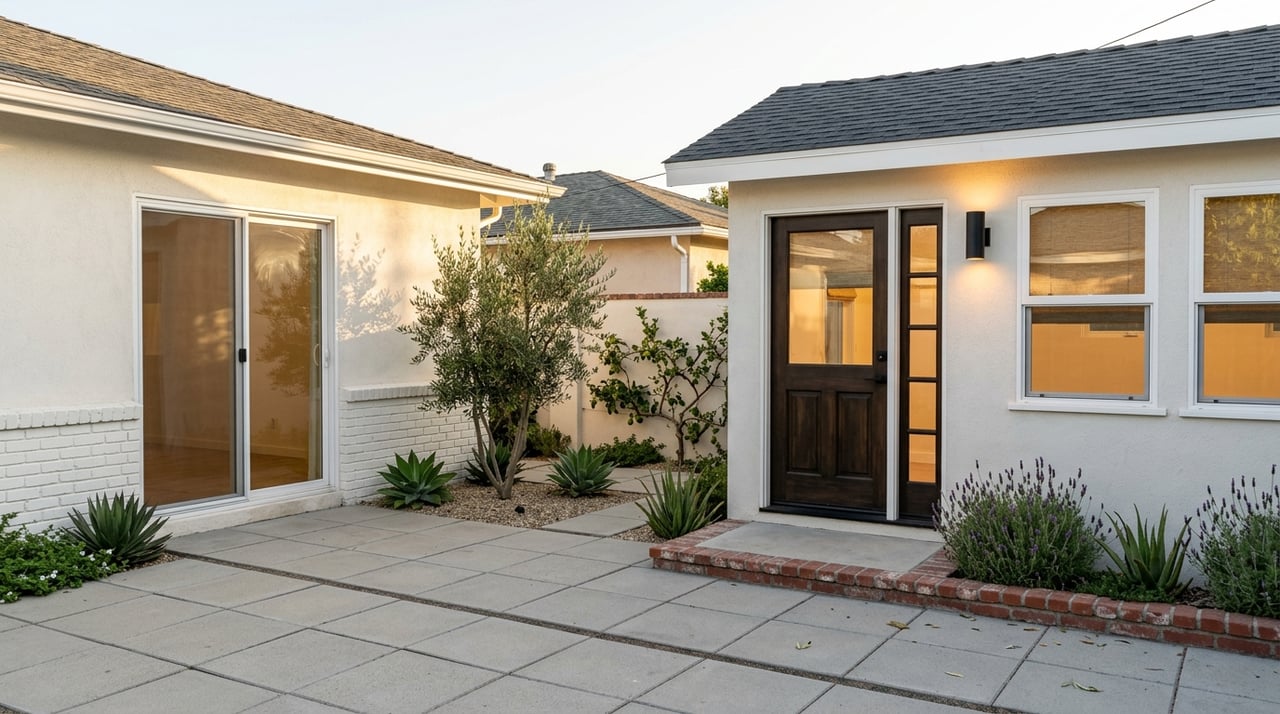 Detached guesthouse beside the main home, with a stucco garden wall and warm-lit windows.