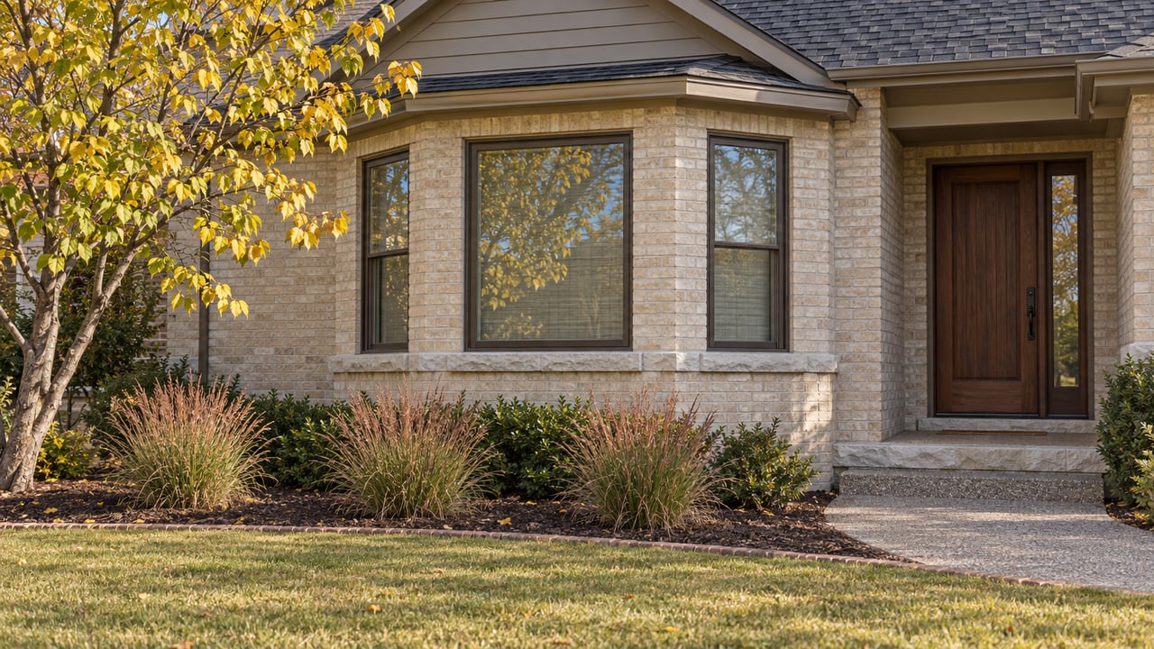 Cream brick home with a three-window bay, limestone sills, recessed wood entry door, and autumn redbud beside a curved lawn edge.