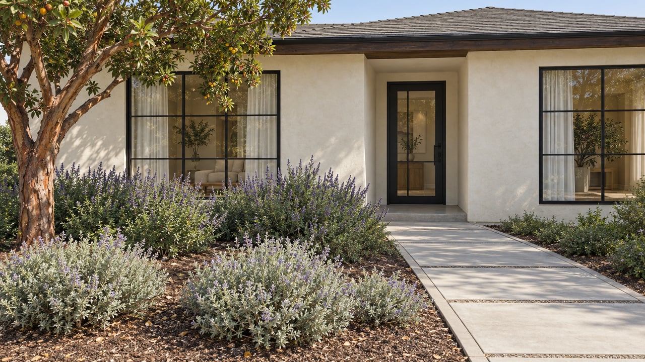 Ivory stucco home with black grid windows, a recessed glass entry and a concrete approach through a planted front garden.