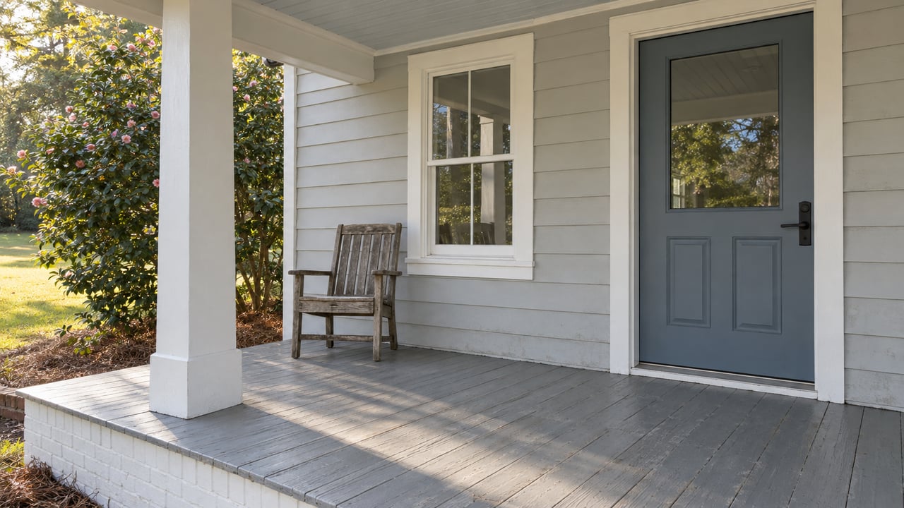 A pale-sided home's covered porch with a blue-gray glazed door, white-trimmed window, weathered wooden chair and sunlit lawn beside a flowering camellia.