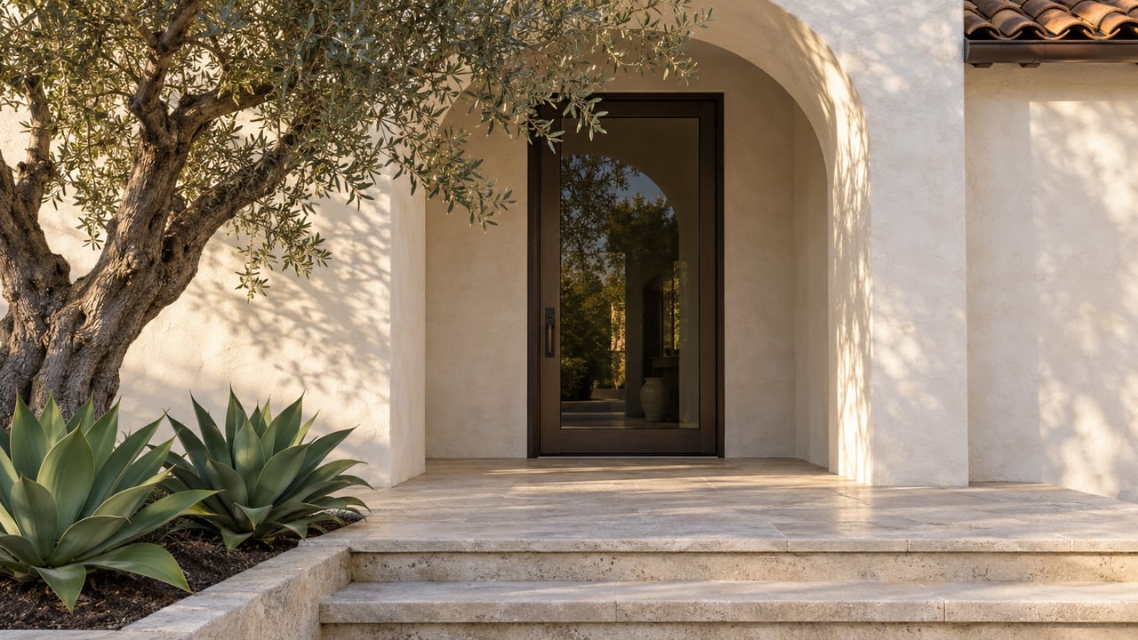 Mediterranean home entry with a white stucco arch, bronze-framed glass door, olive tree, and agaves beside limestone steps.