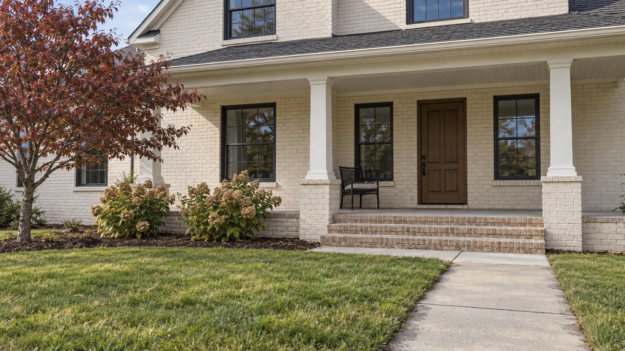 Ivory painted-brick home with a covered porch, black-framed windows and a deep lawn beside autumn dogwood foliage.