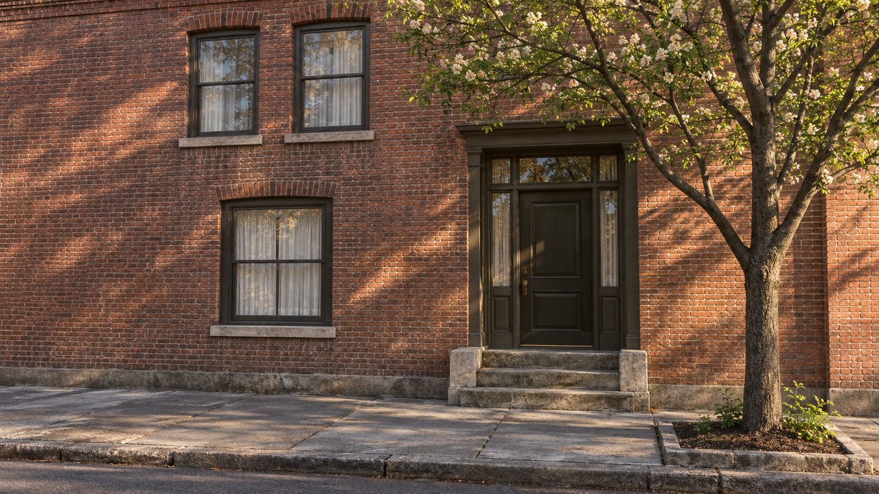 Weathered red-brick two-story home with sash windows, a recessed doorway, limestone steps, and a street tree.