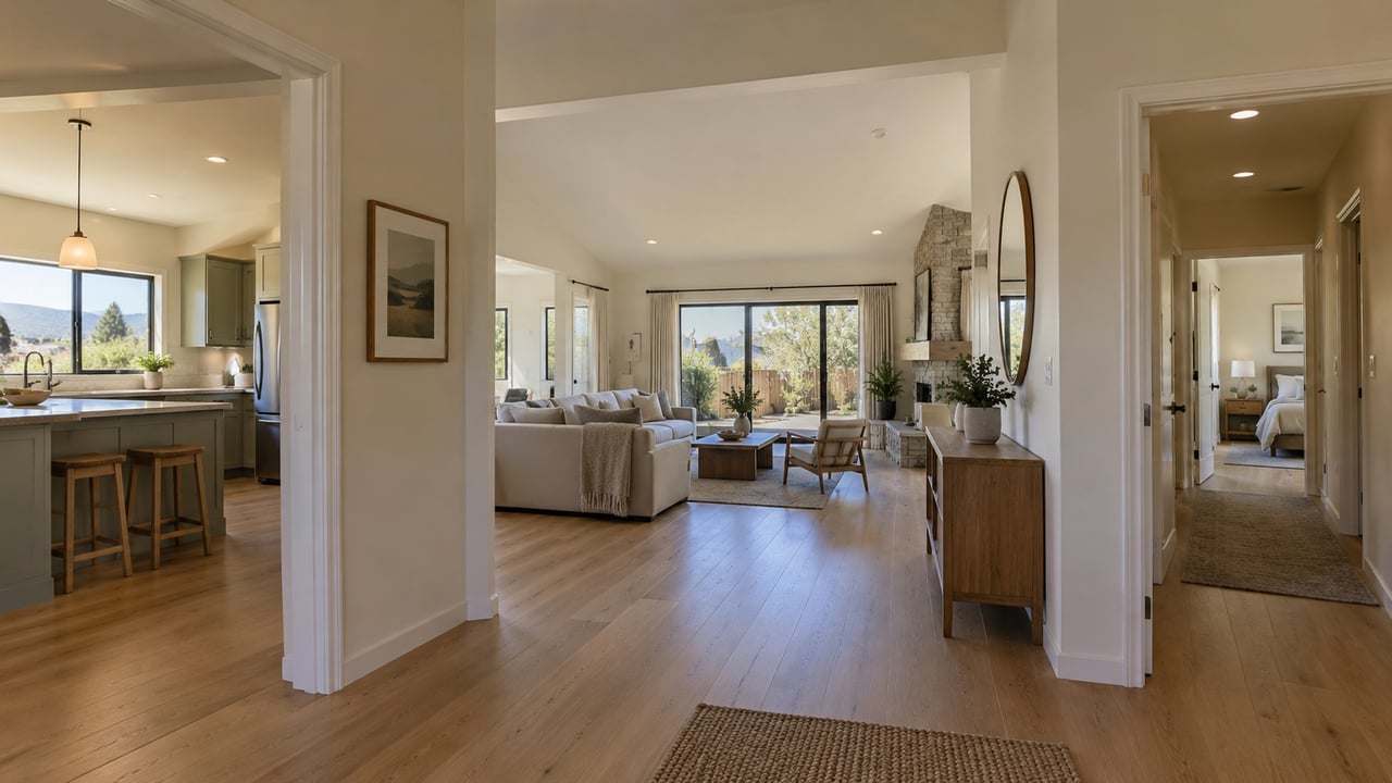 From a central hall, the kitchen, living room, bedroom wing, and rear garden can all be understood within one coherent residential layout.