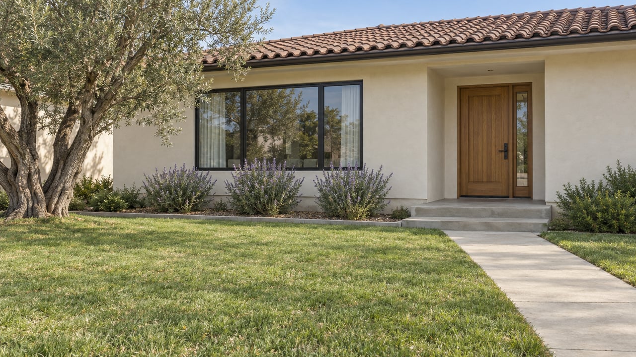 A remodeled stucco home with a clay tile roof, black-framed window and oak entry, seen across a deep lawn beside a mature olive tree.