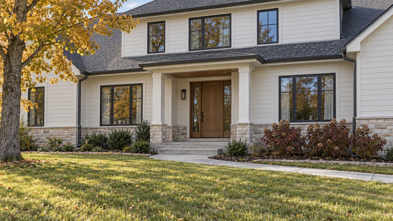 Updated two-story home with pale siding, limestone foundation, oak entry, and a broad autumn lawn beneath a sugar maple.
