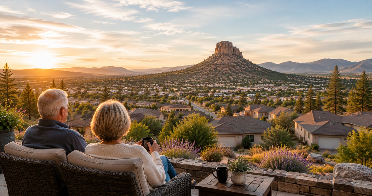 Retired couple overlooking Prescott Valley, Arizona while comparing Prescott Valley vs Prescott for retirement.