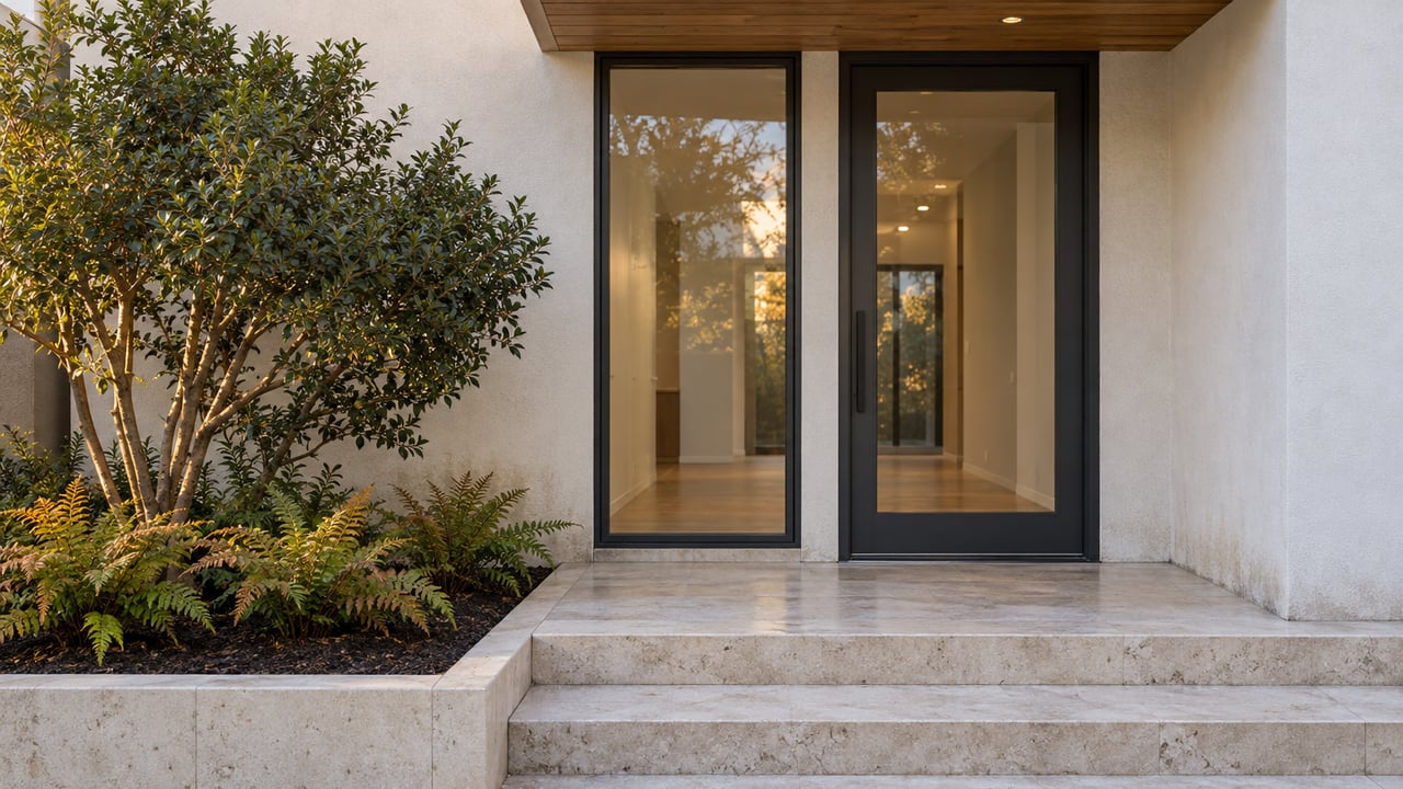 Close view of a contemporary home's glazed entry, warm wood soffit and pale limestone steps beside a sculptural yaupon holly and autumn ferns.