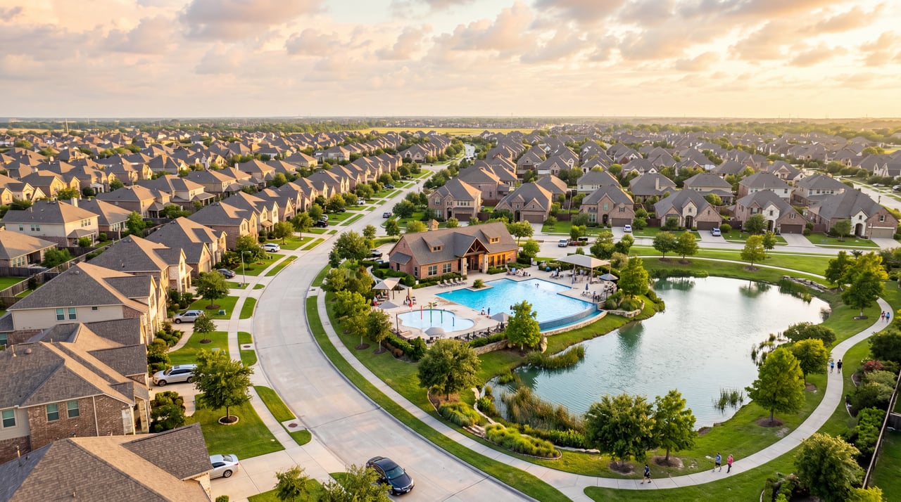 Aerial view of a Katy TX master-planned community with two-story homes, a resort pool, splash pad, and a lake