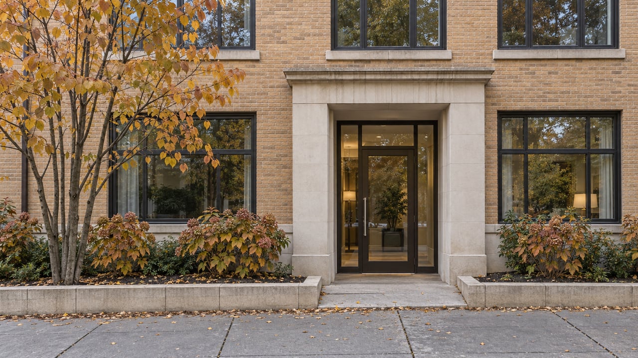 Buff brick apartment entrance with a closed glass door, limestone surround, and ochre autumn planting.