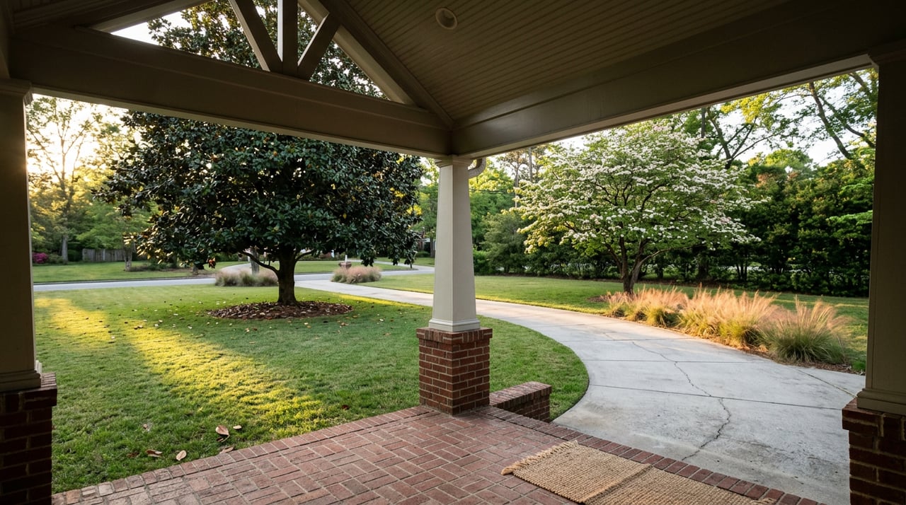 Brick porch frames a lawn with a curving driveway, magnolia, flowering dogwood, and grasses in late-afternoon sun.