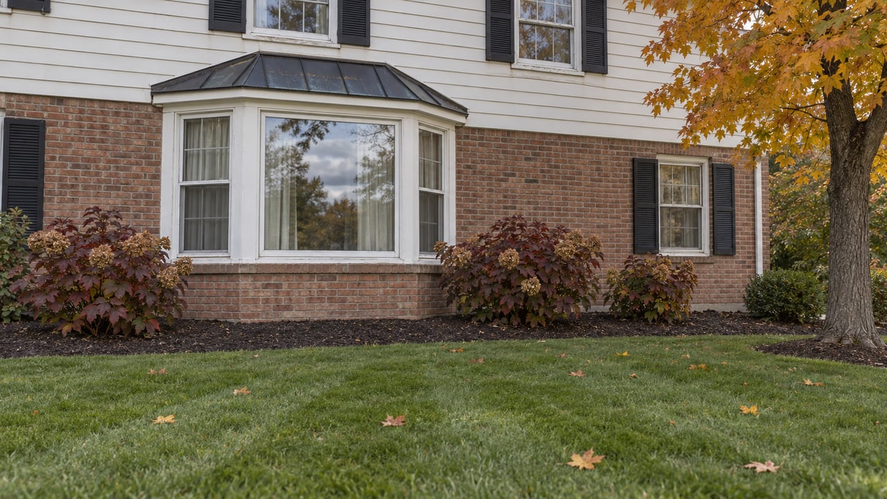 Brick-and-clapboard home with a projecting bay window, deep autumn lawn, and an amber sugar maple.