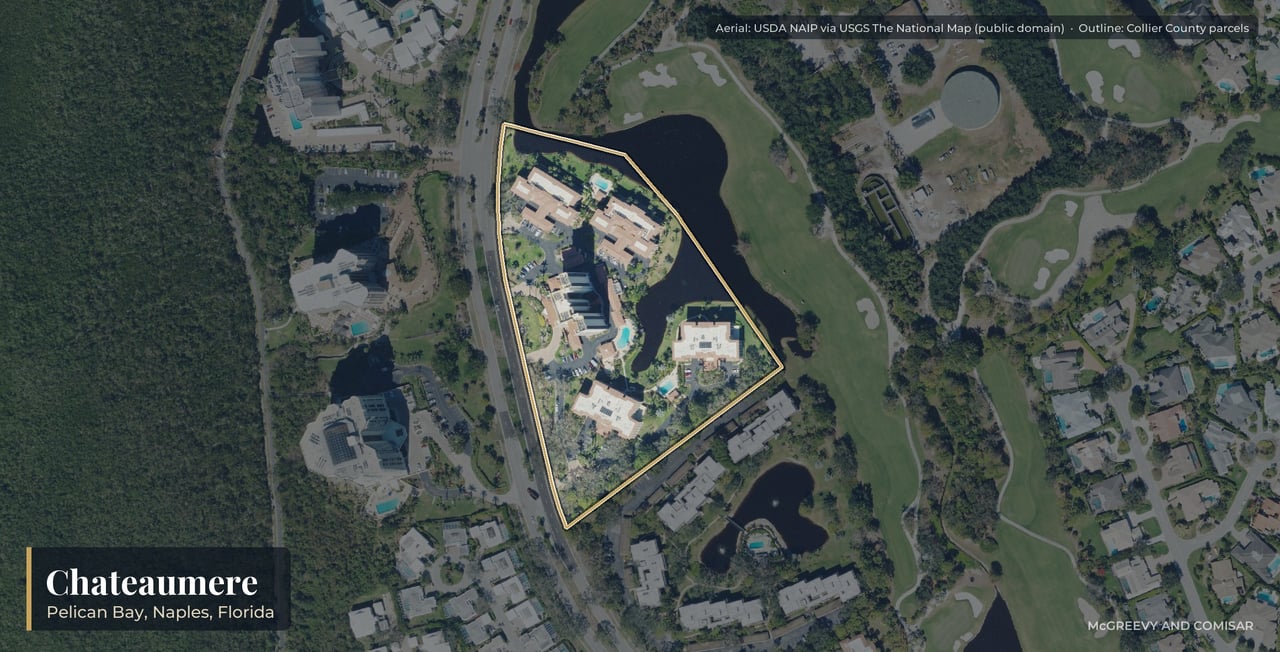 Aerial view of Chateaumere at Pelican Bay, Naples, Florida, with its parcels outlined