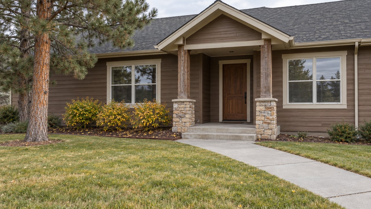 A brown-sided gabled home with a timber-supported porch, stone pier bases and a concrete walk across an autumn lawn beneath a mature pine.