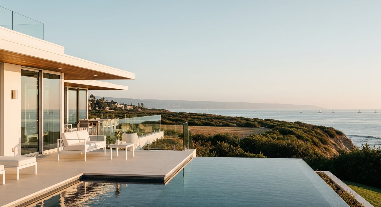 Modern seaside villa with an infinity pool overlooking a coastal headland and calm ocean.