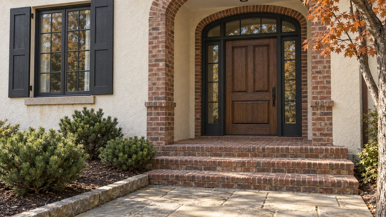 Autumn light on a brick-arched home entry with an oak door, sandstone approach and copper-colored maple leaves.