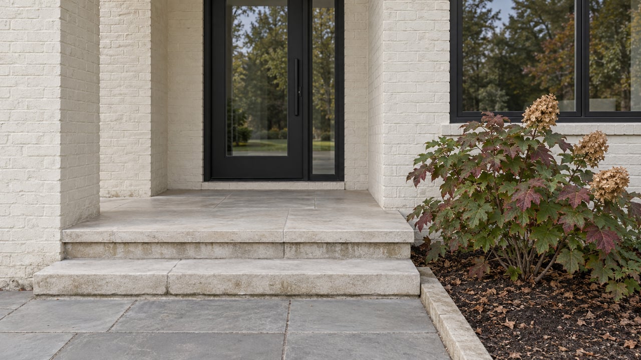 Elevated view of a painted-brick home entrance with black-framed glazing, worn limestone steps and an oakleaf hydrangea.