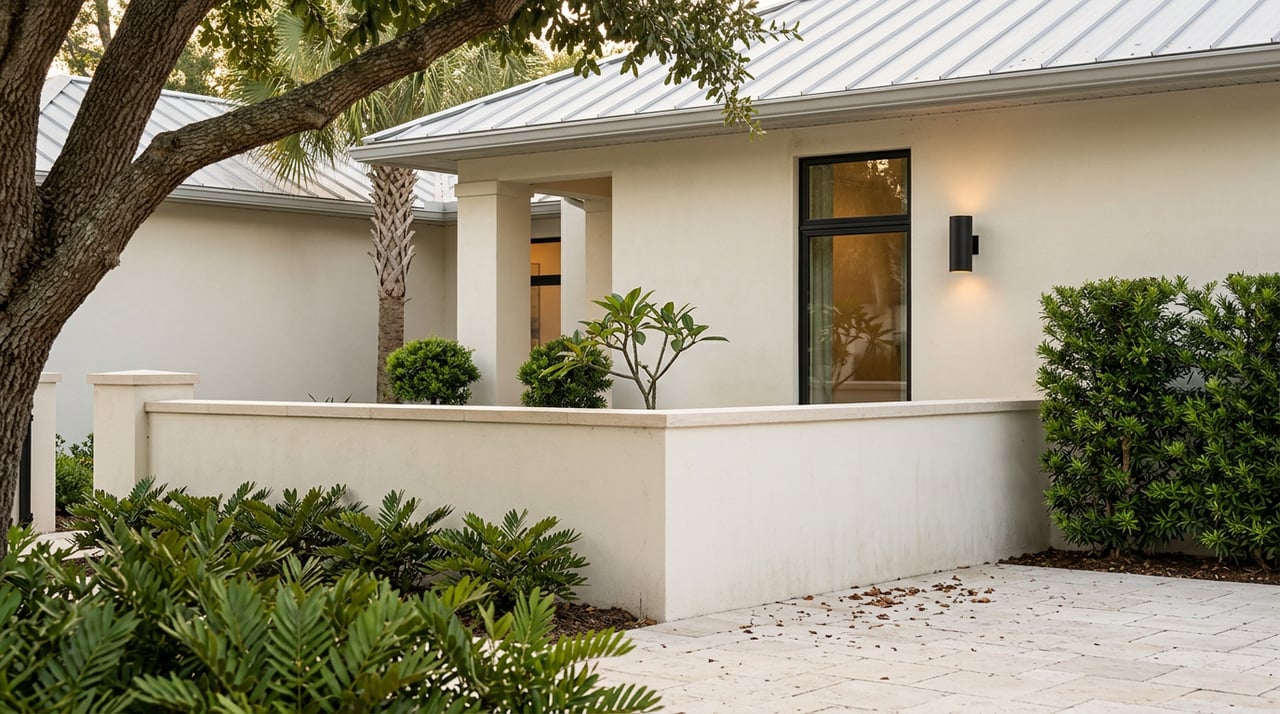 Shellstone-paved courtyard with a low stucco wall, limestone cap, and a glowing window beside a sconce.
