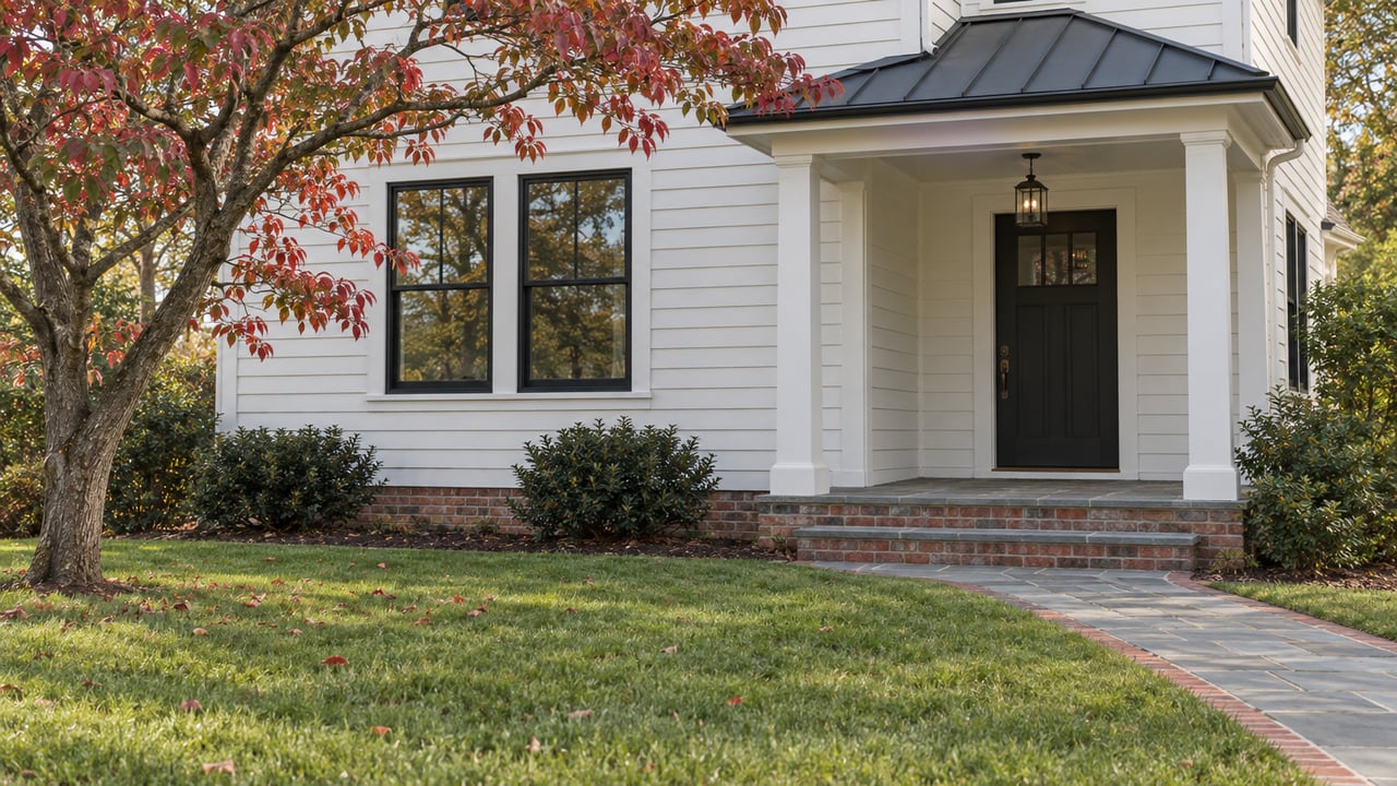 White clapboard house with a covered porch, bluestone steps, and a dogwood tree beside a broad lawn.