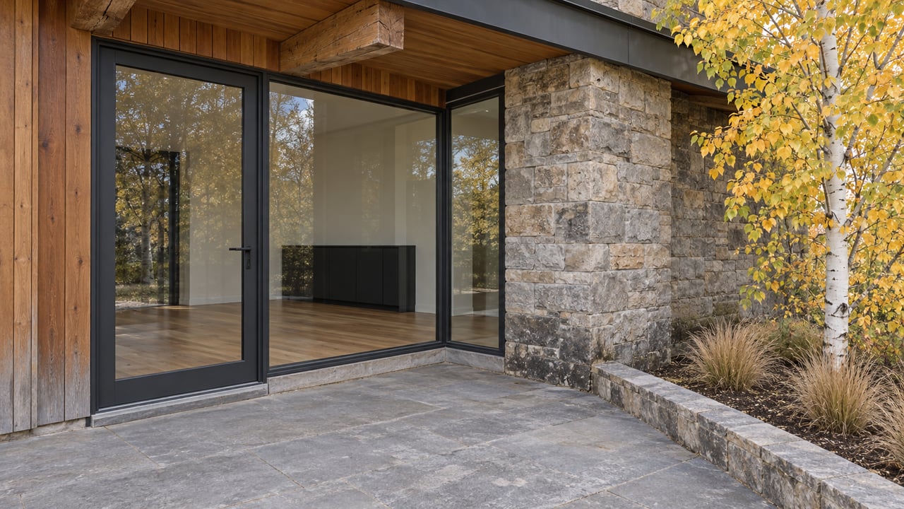 Close view of a cedar-and-stone home with black-framed glazing, a stone terrace and golden aspen foliage.