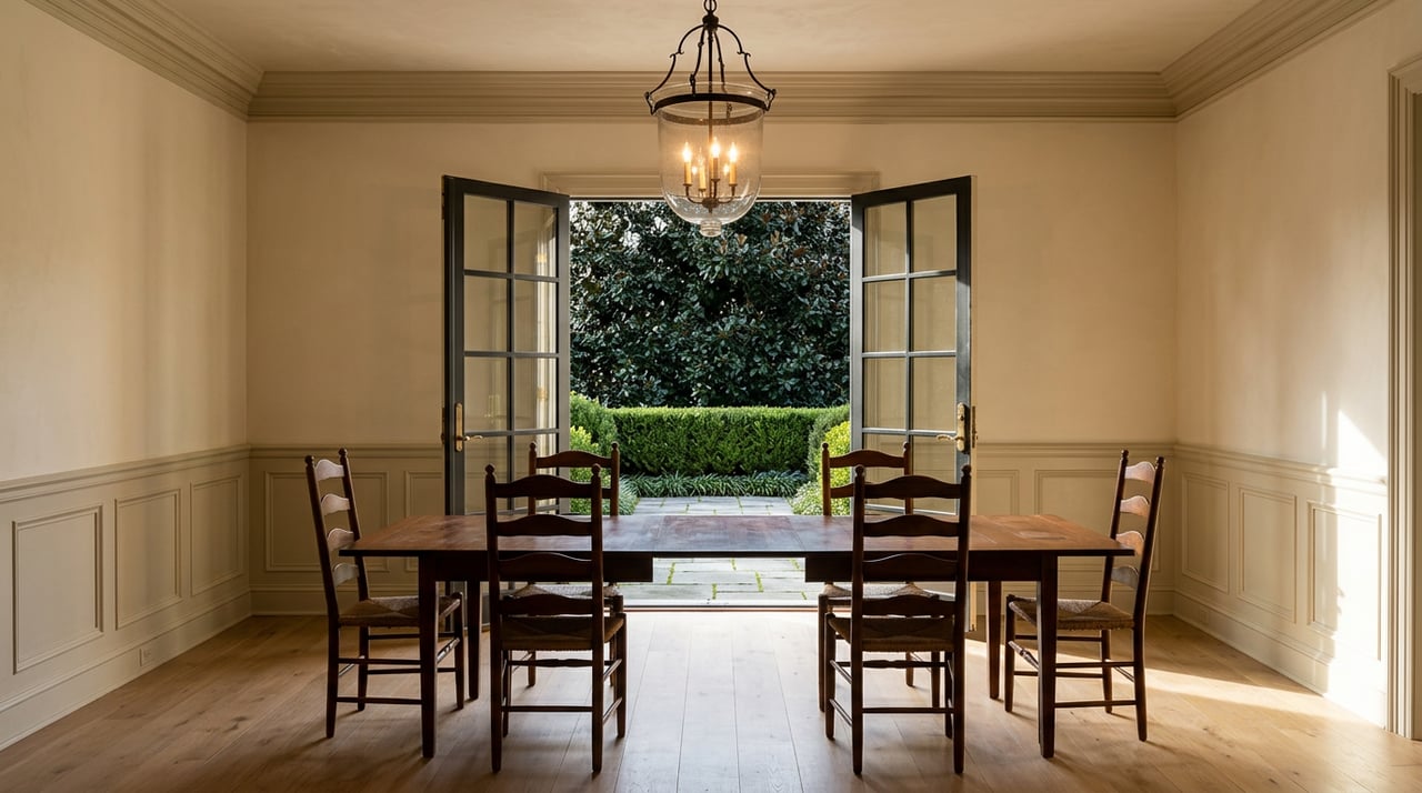 Formal dining room with a mahogany table, wrought-iron chandelier, and open French doors to a stone terrace.