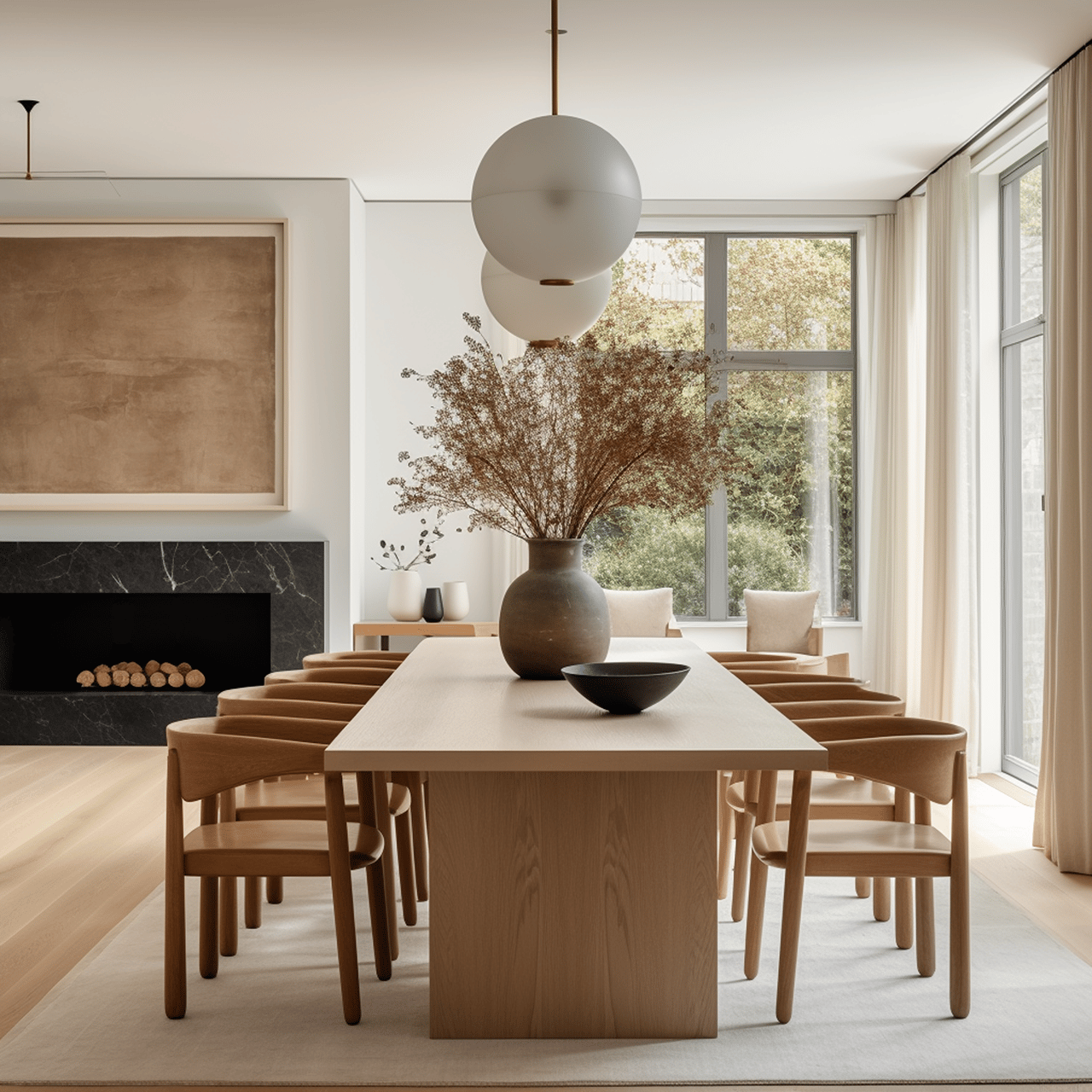 Dining room with a long wood table, globe pendant lights, and a marble fireplace beside tall windows.
