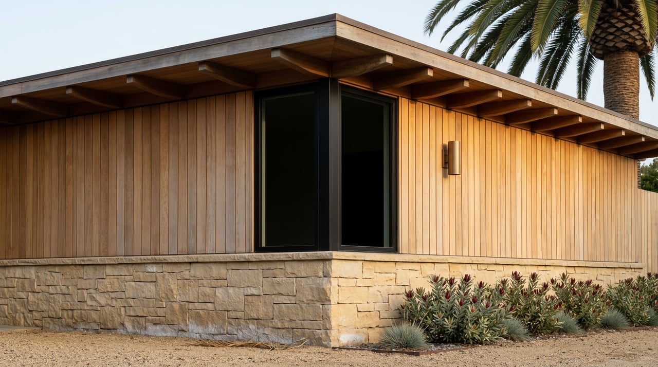 Coastal home corner with stacked limestone, vertical cedar siding, a deep teak roof overhang, and palm fronds.