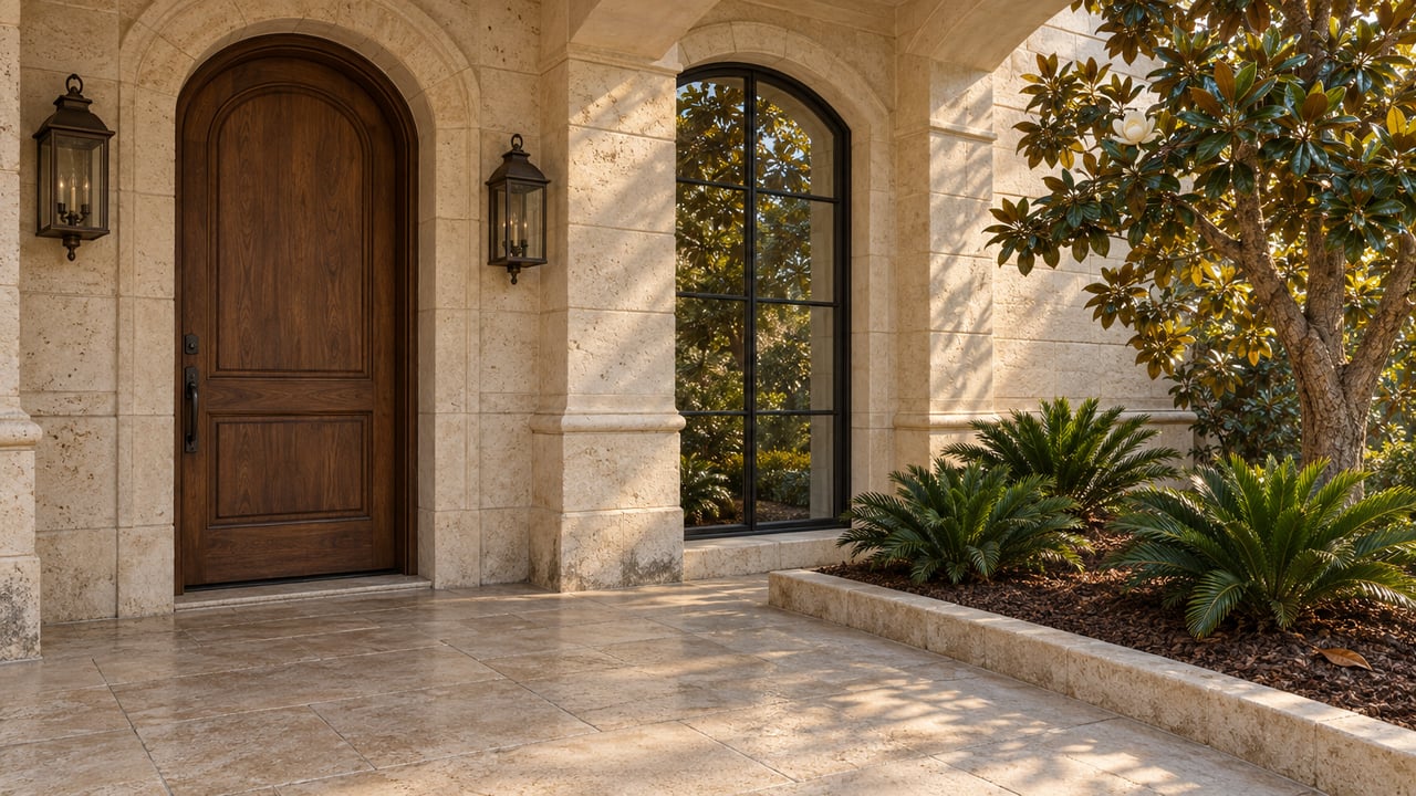 Covered limestone entry with an arched walnut door, bronze lanterns and a magnolia garden edged by a raised stone curb.