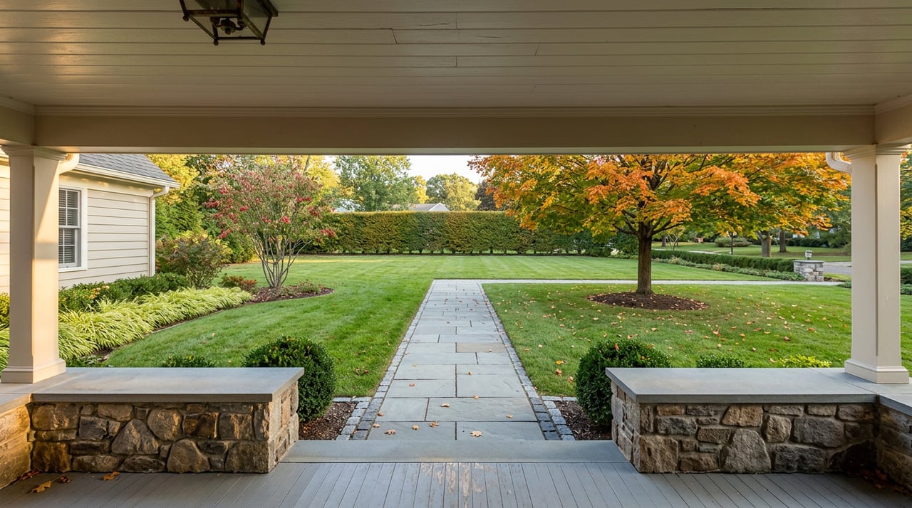 Covered porch overlooks a bluestone walkway, autumn lawn, turning sugar maple, and clipped hedge.